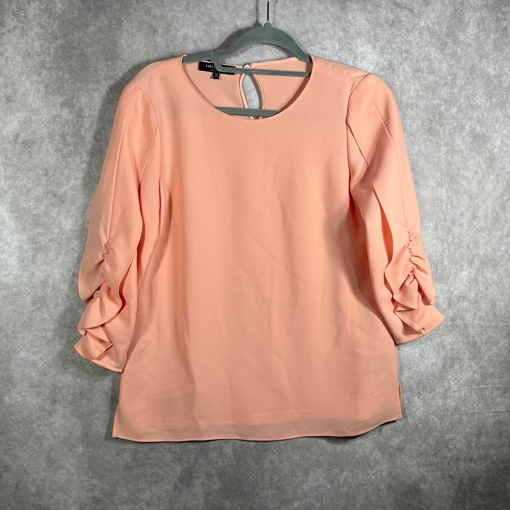 Lafayette 148 Blouse Womens Size XS Pink Ruched Ruffle Sleeves Crew Neck Career